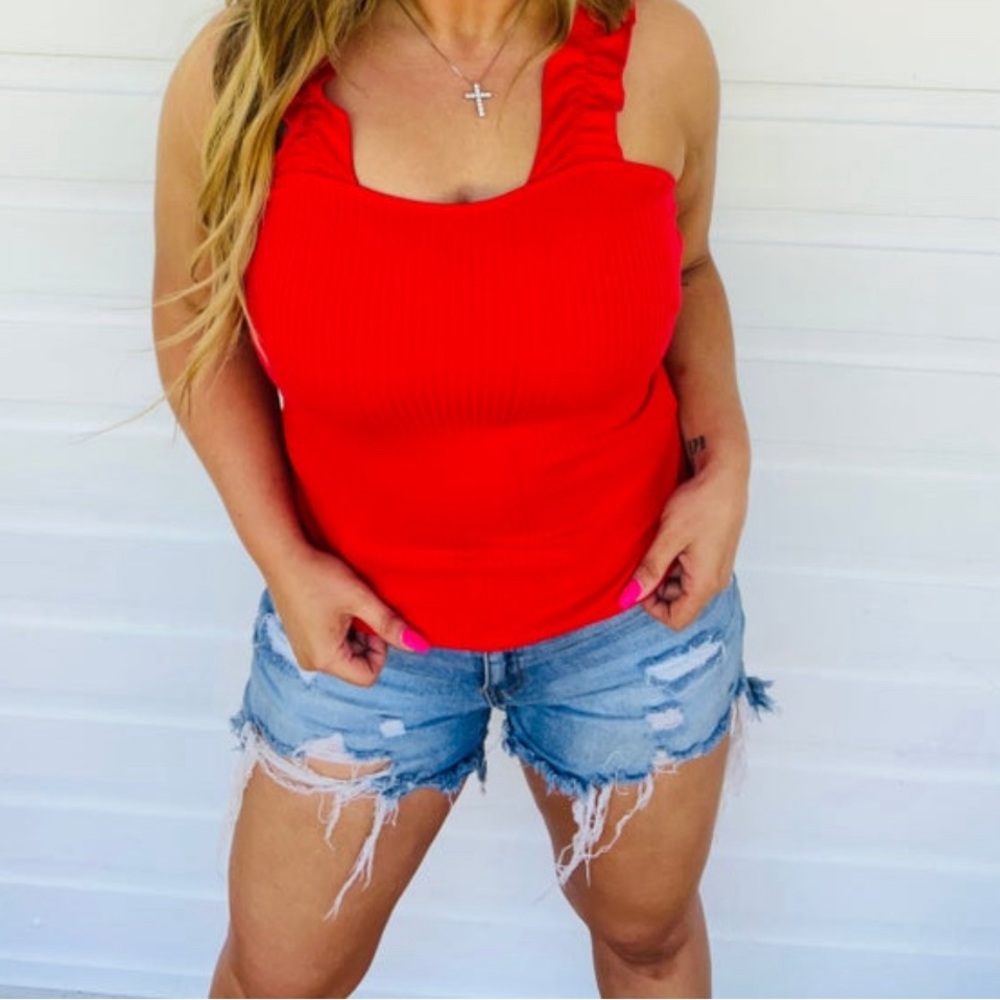 white birch Red Ribbed Ruffle-Strap Tank Top